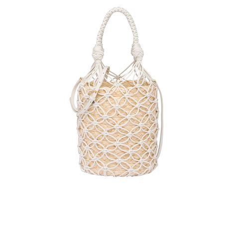 Leather mesh and straw bucket bag Tan/white 